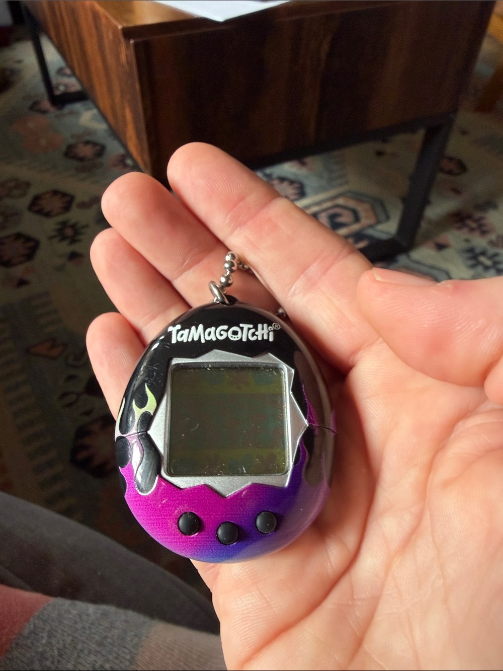 Tamagotchi Original Flames 2017 Bandai Virtual Pet Purple Black Keychain
